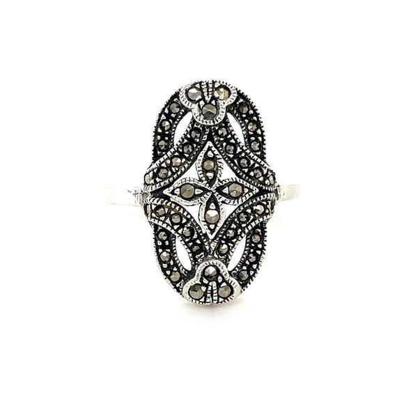 Cross Shaped Middle Marcasites Sterling Silver Ring - Picture 1 of 10